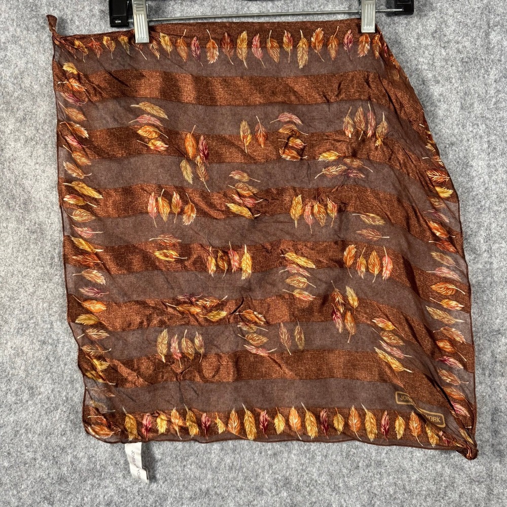 Vtg Square Silk Scarf Brown Sheer Feather Forest Fall Old Money Southwestern